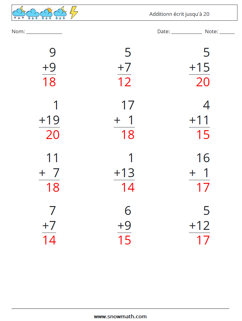 (12) Additionn écrit jusqu'à 20 Fiches d'Exercices de Mathématiques 7 Question, Réponse