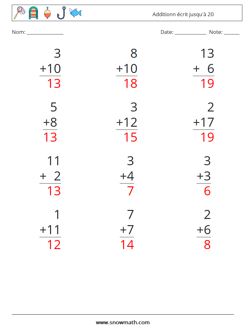 (12) Additionn écrit jusqu'à 20 Fiches d'Exercices de Mathématiques 8 Question, Réponse