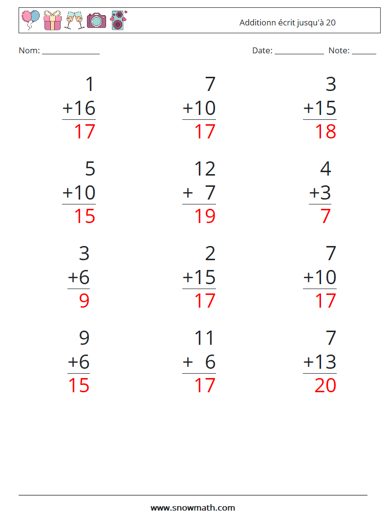 (12) Additionn écrit jusqu'à 20 Fiches d'Exercices de Mathématiques 9 Question, Réponse