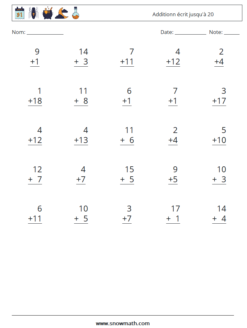 (25) Additionn écrit jusqu'à 20 Fiches d'Exercices de Mathématiques 1