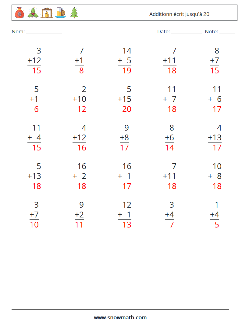 (25) Additionn écrit jusqu'à 20 Fiches d'Exercices de Mathématiques 10 Question, Réponse