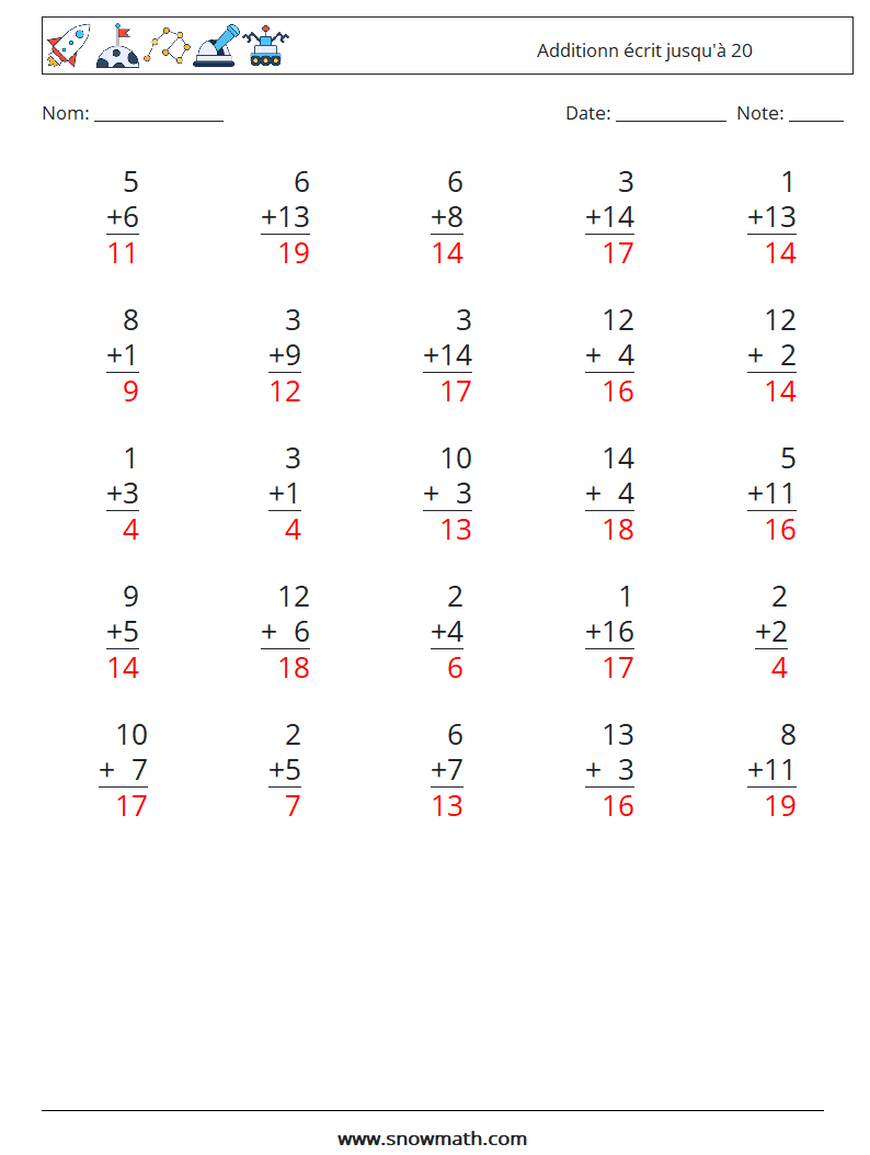 (25) Additionn écrit jusqu'à 20 Fiches d'Exercices de Mathématiques 11 Question, Réponse