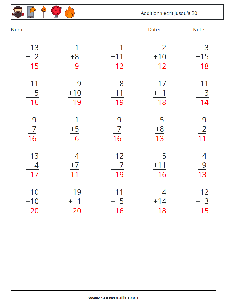 (25) Additionn écrit jusqu'à 20 Fiches d'Exercices de Mathématiques 12 Question, Réponse