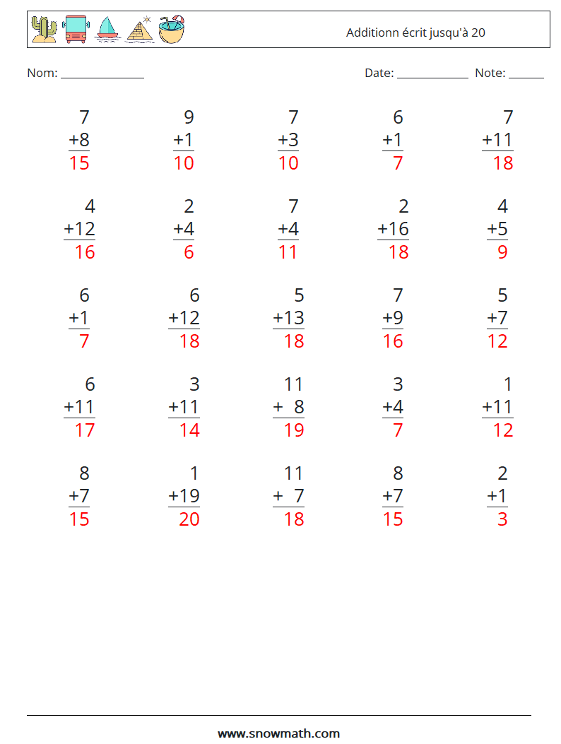 (25) Additionn écrit jusqu'à 20 Fiches d'Exercices de Mathématiques 14 Question, Réponse