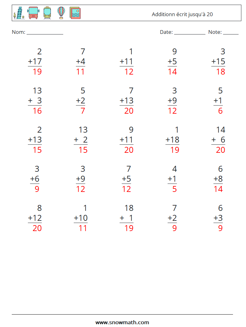 (25) Additionn écrit jusqu'à 20 Fiches d'Exercices de Mathématiques 17 Question, Réponse