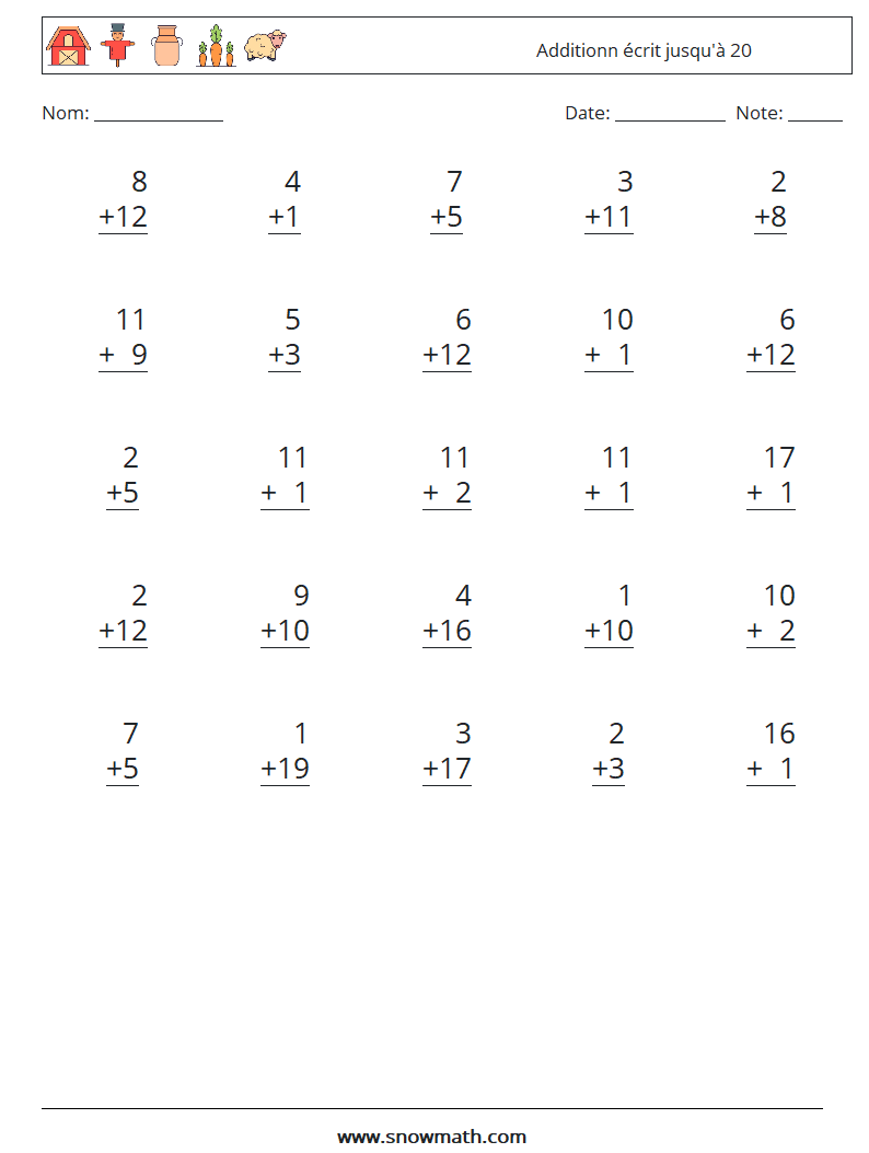 (25) Additionn écrit jusqu'à 20 Fiches d'Exercices de Mathématiques 18