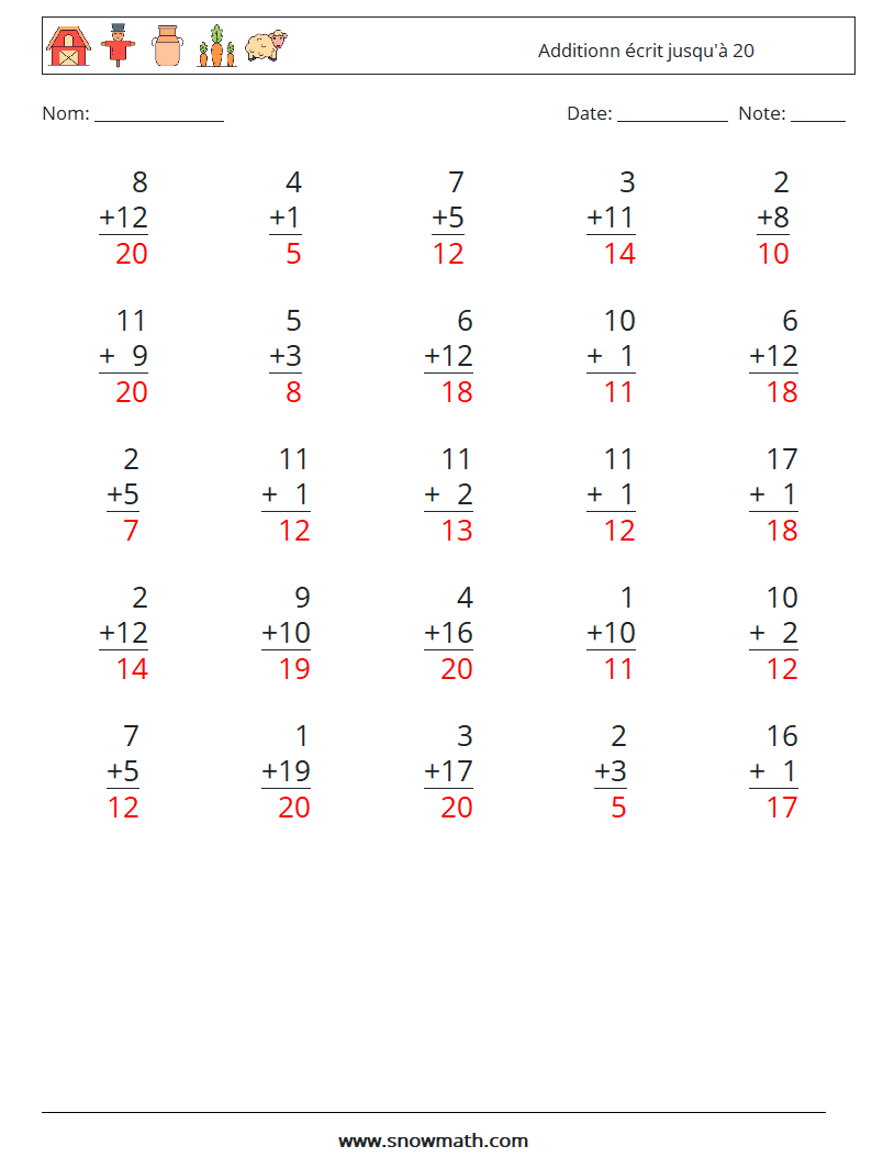 (25) Additionn écrit jusqu'à 20 Fiches d'Exercices de Mathématiques 18 Question, Réponse