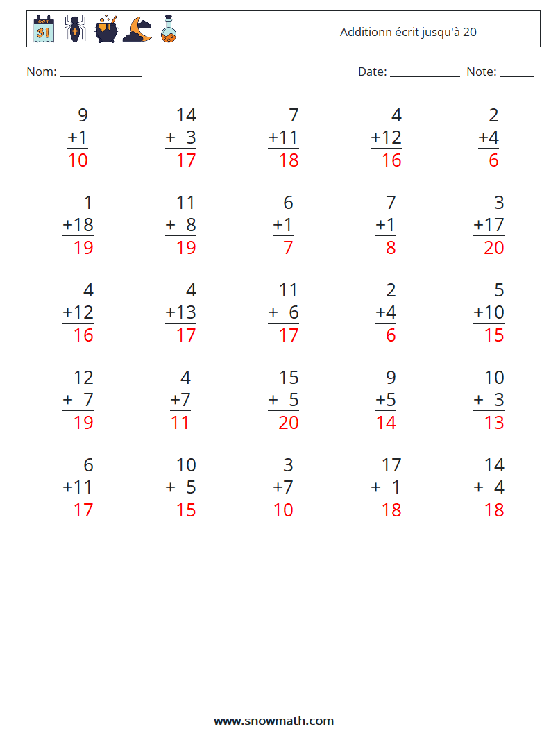 (25) Additionn écrit jusqu'à 20 Fiches d'Exercices de Mathématiques 1 Question, Réponse