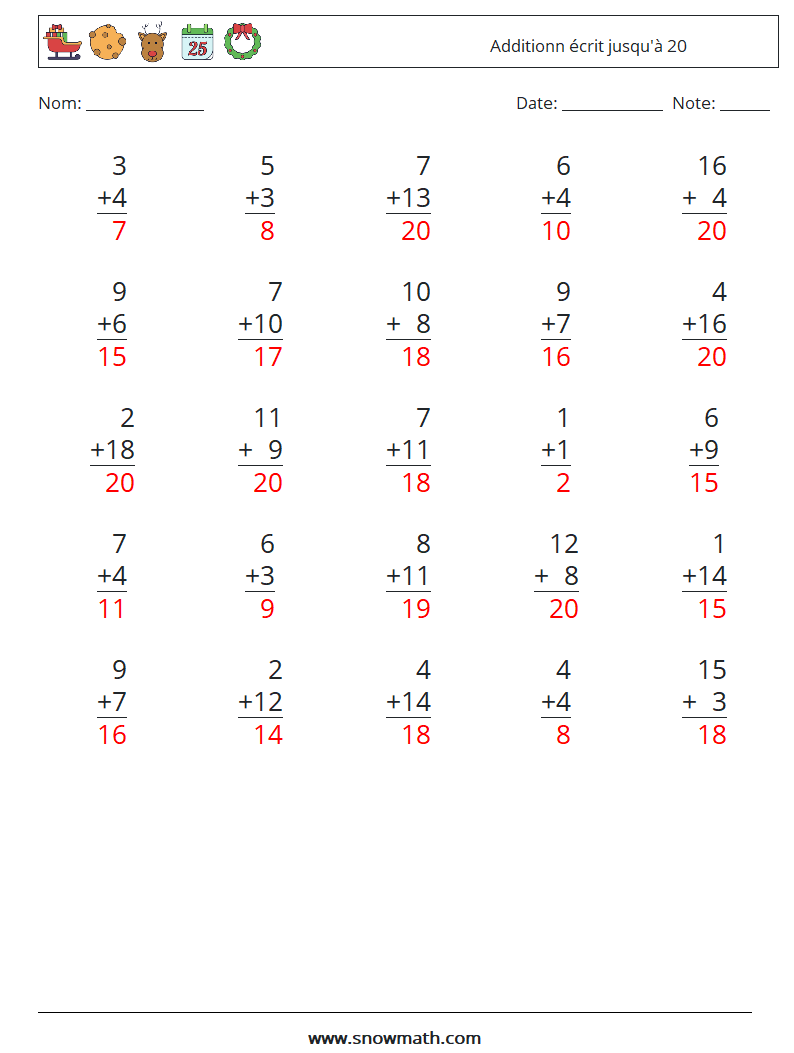 (25) Additionn écrit jusqu'à 20 Fiches d'Exercices de Mathématiques 3 Question, Réponse