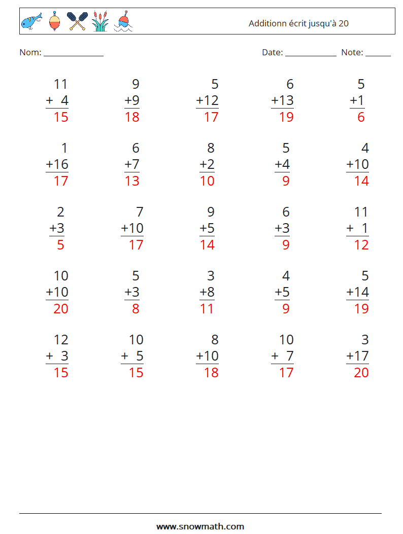 (25) Additionn écrit jusqu'à 20 Fiches d'Exercices de Mathématiques 4 Question, Réponse