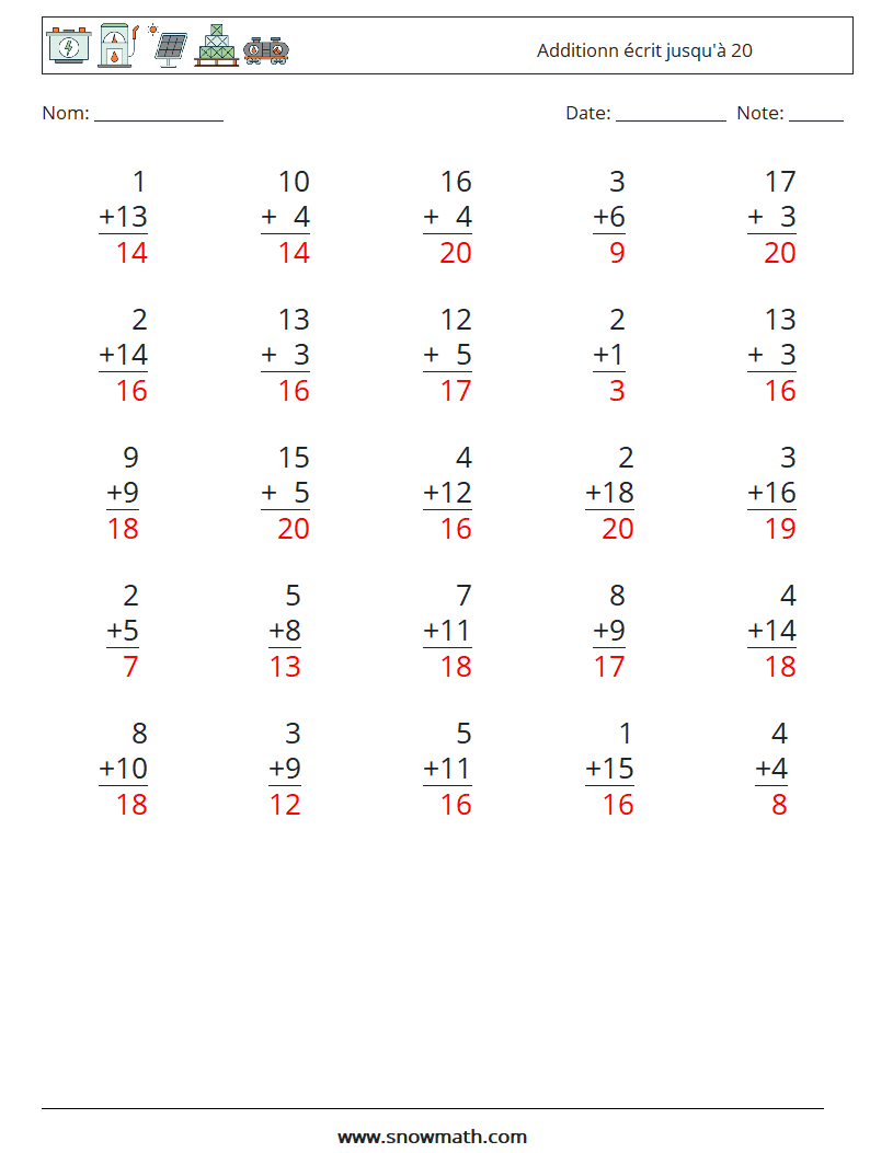 (25) Additionn écrit jusqu'à 20 Fiches d'Exercices de Mathématiques 5 Question, Réponse