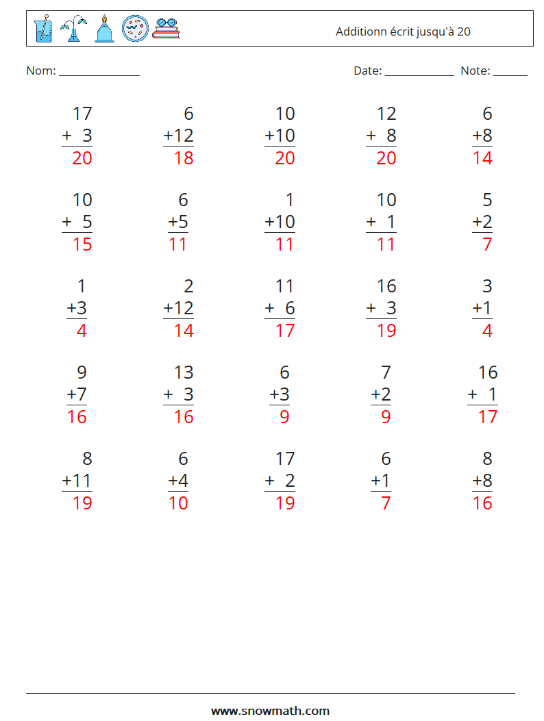 (25) Additionn écrit jusqu'à 20 Fiches d'Exercices de Mathématiques 7 Question, Réponse