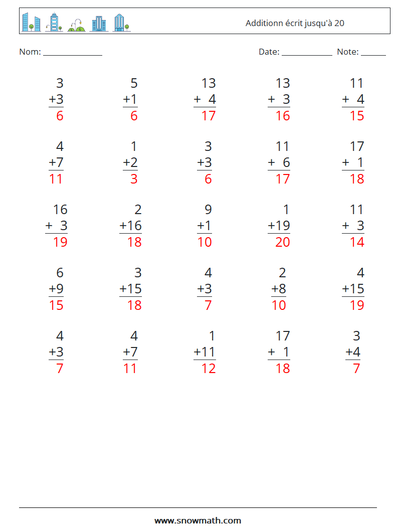 (25) Additionn écrit jusqu'à 20 Fiches d'Exercices de Mathématiques 8 Question, Réponse