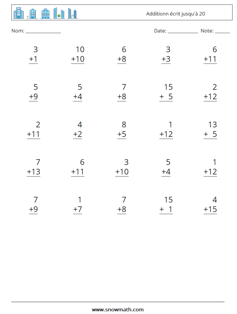 (25) Additionn écrit jusqu'à 20 Fiches d'Exercices de Mathématiques 9