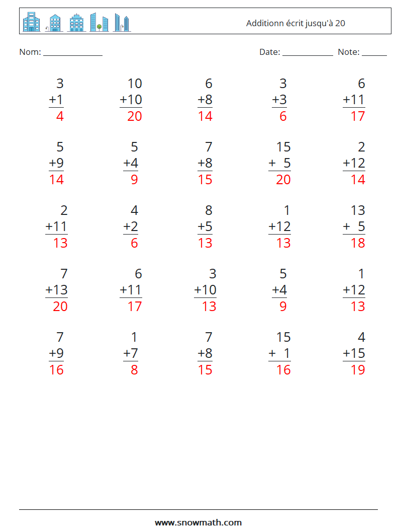 (25) Additionn écrit jusqu'à 20 Fiches d'Exercices de Mathématiques 9 Question, Réponse