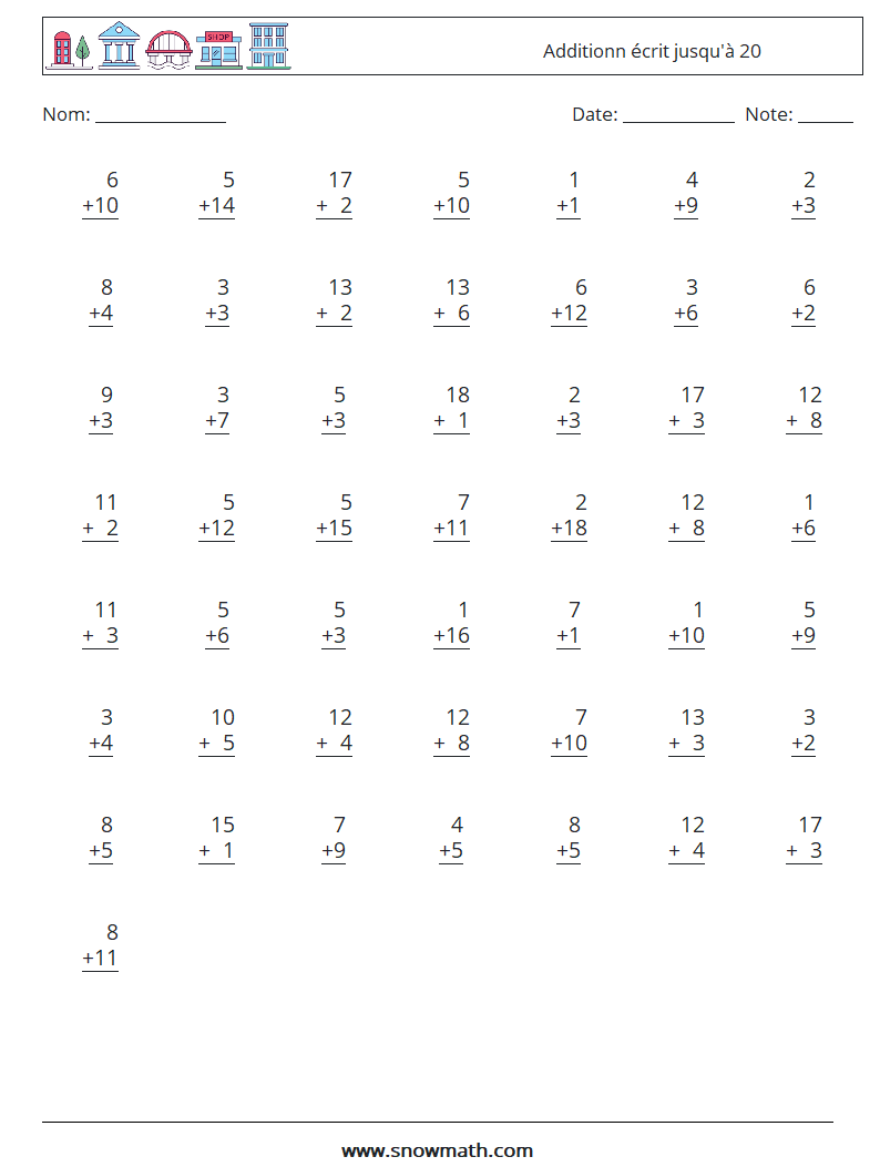 (50) Additionn écrit jusqu'à 20 Fiches d'Exercices de Mathématiques 1