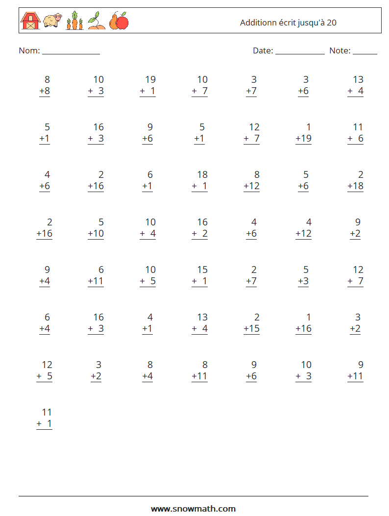 (50) Additionn écrit jusqu'à 20 Fiches d'Exercices de Mathématiques 10