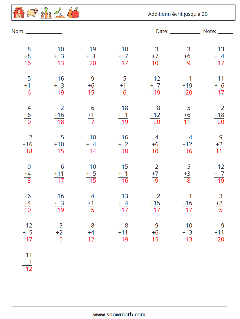 (50) Additionn écrit jusqu'à 20 Fiches d'Exercices de Mathématiques 10 Question, Réponse