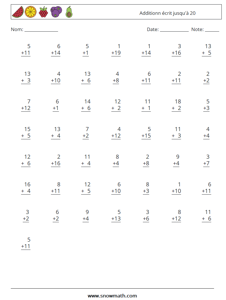 (50) Additionn écrit jusqu'à 20 Fiches d'Exercices de Mathématiques 11