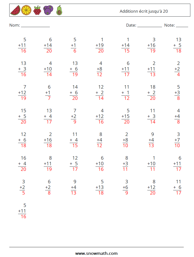 (50) Additionn écrit jusqu'à 20 Fiches d'Exercices de Mathématiques 11 Question, Réponse