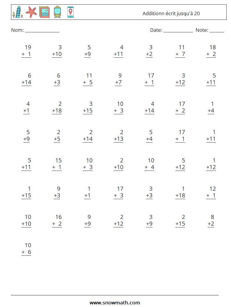 (50) Additionn écrit jusqu'à 20 Fiches d'Exercices de Mathématiques 12