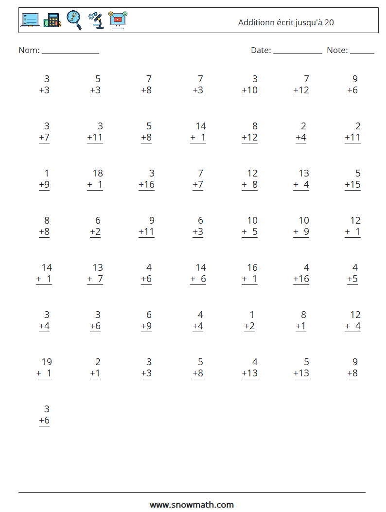 (50) Additionn écrit jusqu'à 20 Fiches d'Exercices de Mathématiques 15