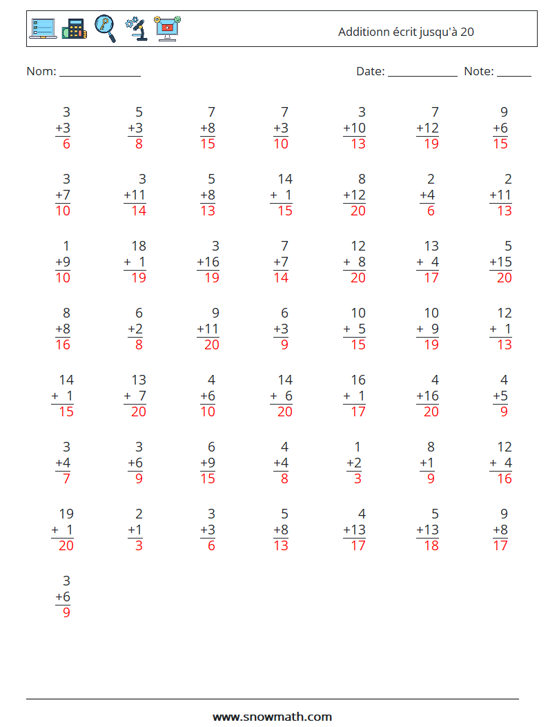 (50) Additionn écrit jusqu'à 20 Fiches d'Exercices de Mathématiques 15 Question, Réponse