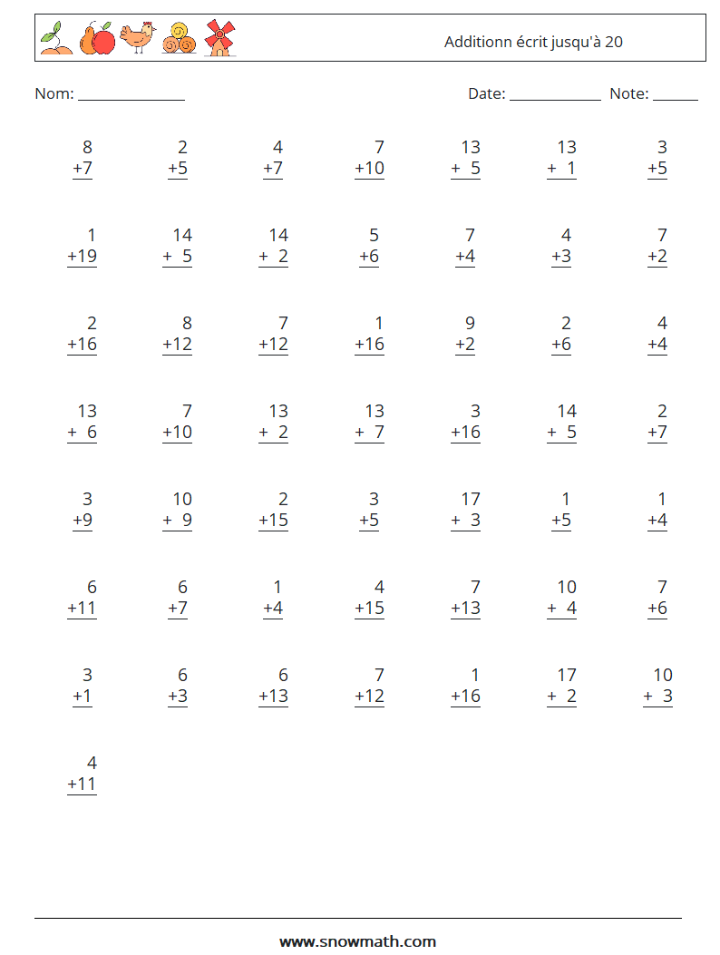 (50) Additionn écrit jusqu'à 20 Fiches d'Exercices de Mathématiques 16