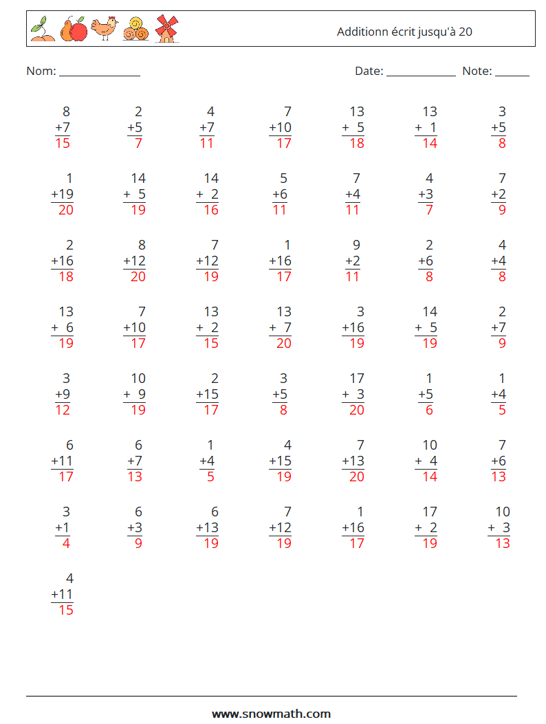 (50) Additionn écrit jusqu'à 20 Fiches d'Exercices de Mathématiques 16 Question, Réponse