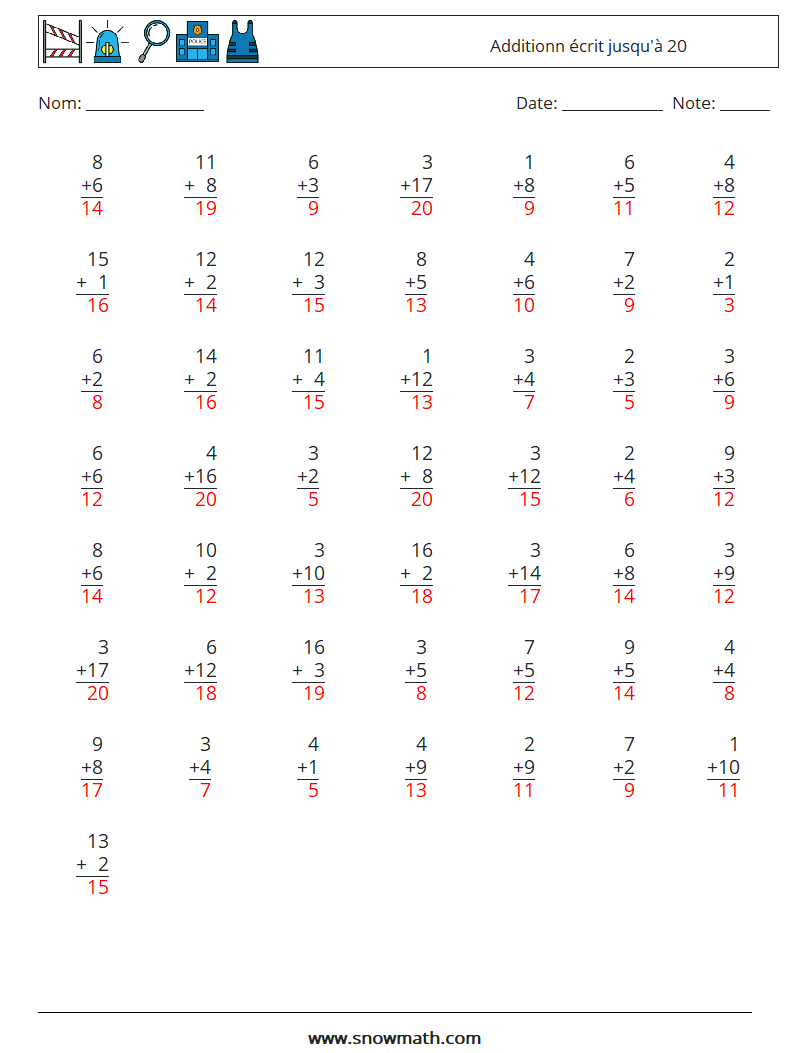 (50) Additionn écrit jusqu'à 20 Fiches d'Exercices de Mathématiques 17 Question, Réponse