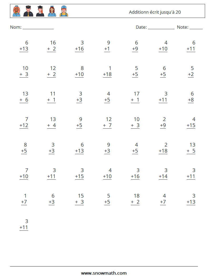 (50) Additionn écrit jusqu'à 20 Fiches d'Exercices de Mathématiques 18