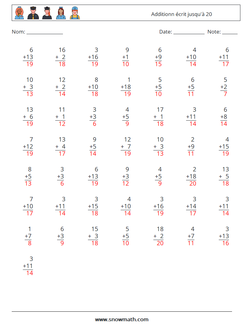 (50) Additionn écrit jusqu'à 20 Fiches d'Exercices de Mathématiques 18 Question, Réponse