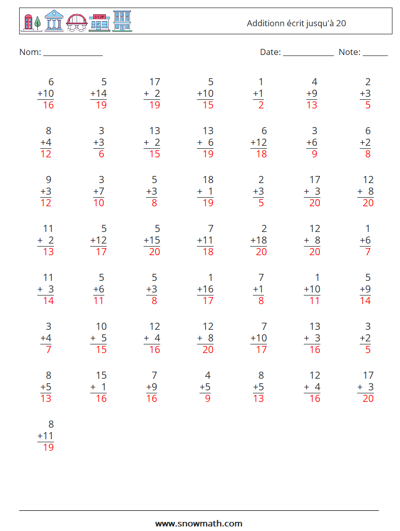 (50) Additionn écrit jusqu'à 20 Fiches d'Exercices de Mathématiques 1 Question, Réponse