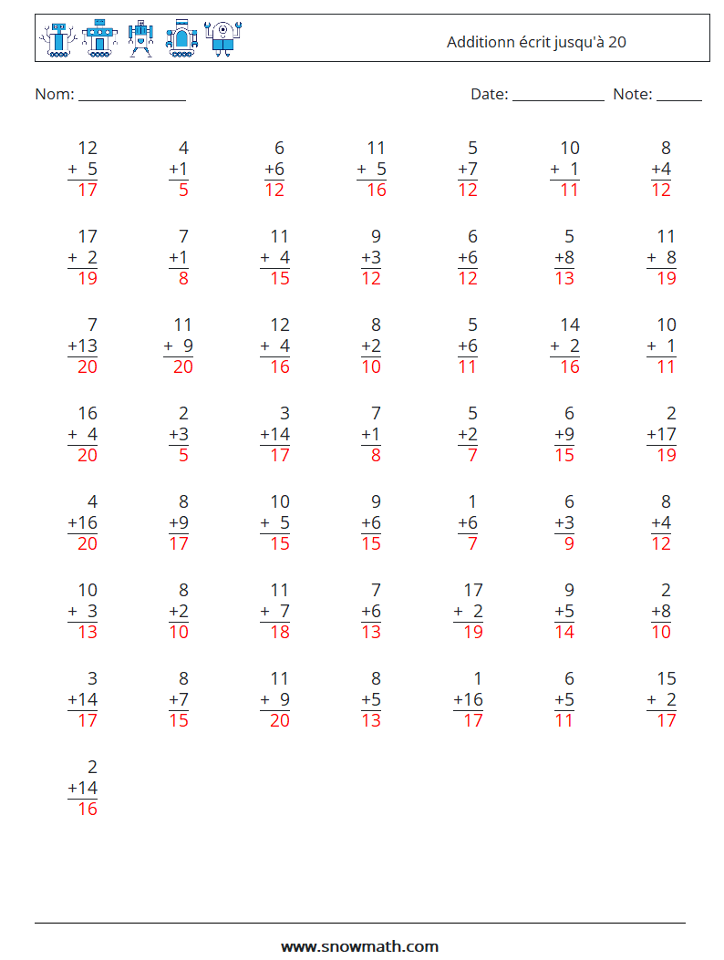 (50) Additionn écrit jusqu'à 20 Fiches d'Exercices de Mathématiques 2 Question, Réponse
