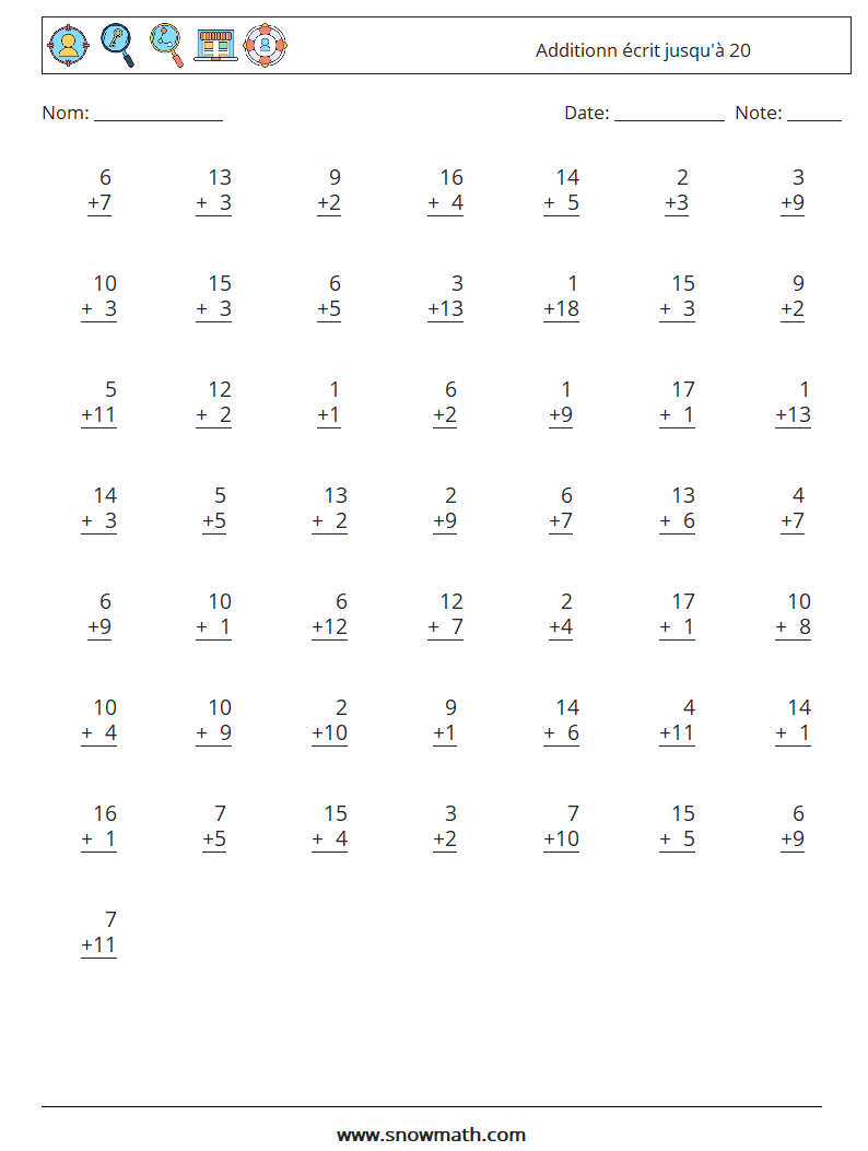 (50) Additionn écrit jusqu'à 20 Fiches d'Exercices de Mathématiques 4