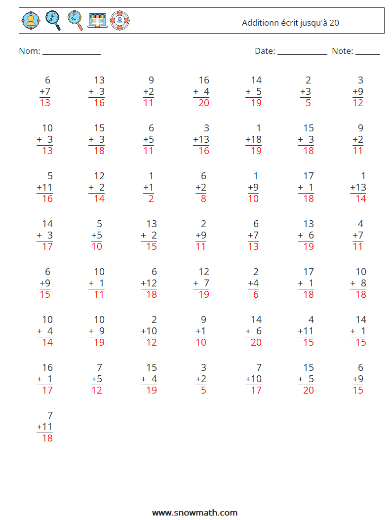 (50) Additionn écrit jusqu'à 20 Fiches d'Exercices de Mathématiques 4 Question, Réponse