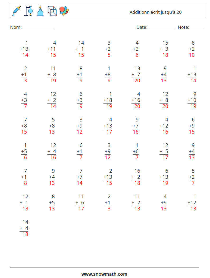 (50) Additionn écrit jusqu'à 20 Fiches d'Exercices de Mathématiques 5 Question, Réponse