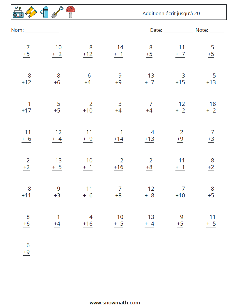 (50) Additionn écrit jusqu'à 20 Fiches d'Exercices de Mathématiques 6