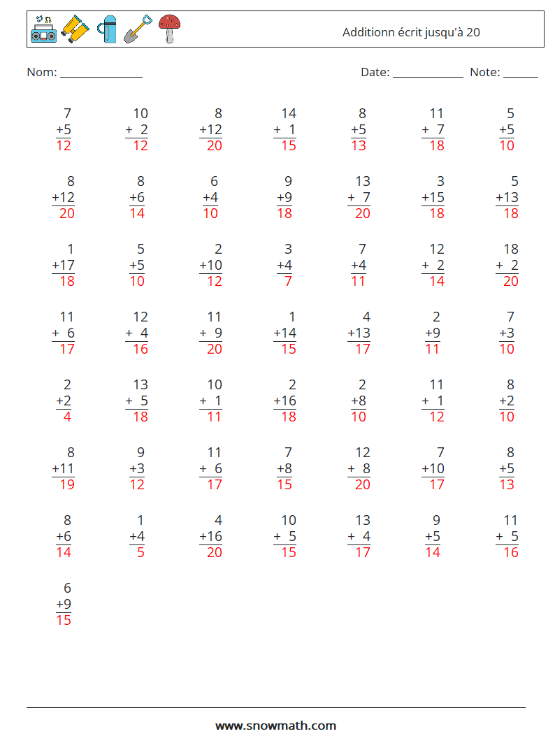 (50) Additionn écrit jusqu'à 20 Fiches d'Exercices de Mathématiques 6 Question, Réponse