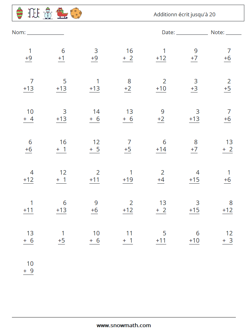 (50) Additionn écrit jusqu'à 20 Fiches d'Exercices de Mathématiques 7