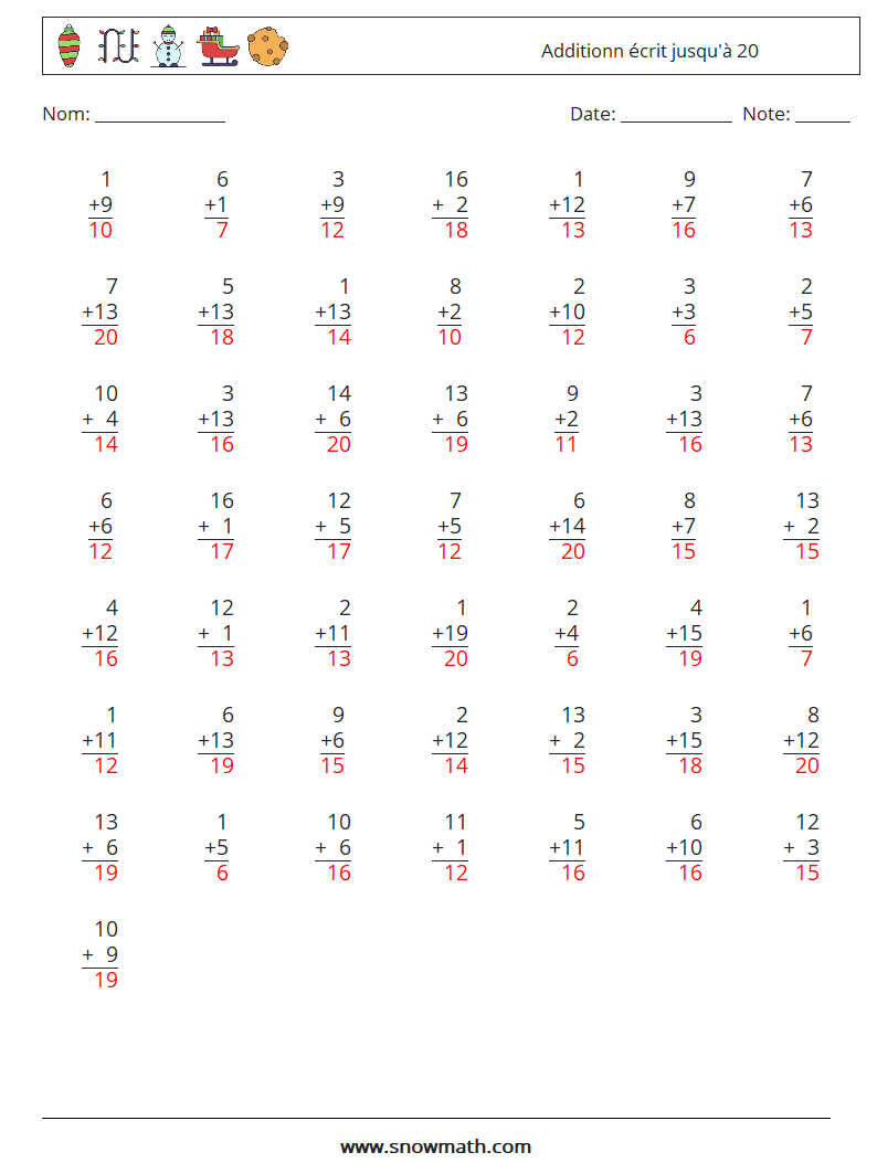 (50) Additionn écrit jusqu'à 20 Fiches d'Exercices de Mathématiques 7 Question, Réponse