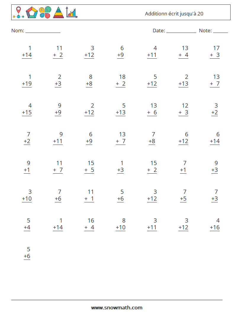 (50) Additionn écrit jusqu'à 20 Fiches d'Exercices de Mathématiques 8