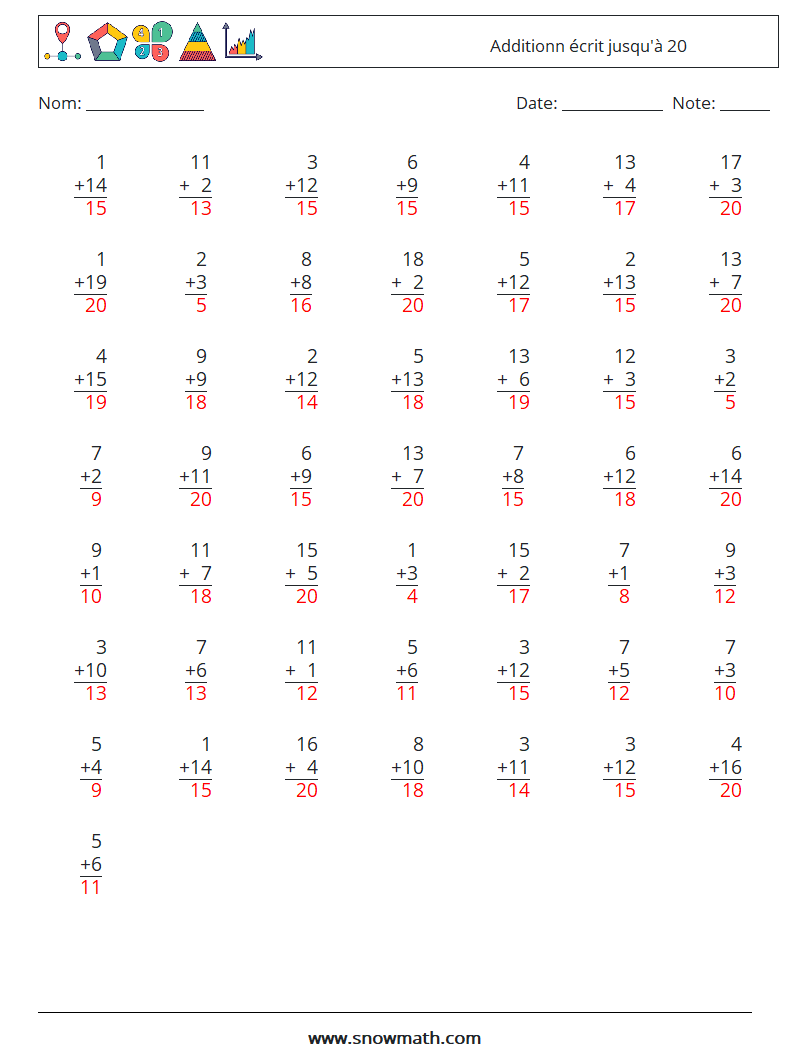 (50) Additionn écrit jusqu'à 20 Fiches d'Exercices de Mathématiques 8 Question, Réponse