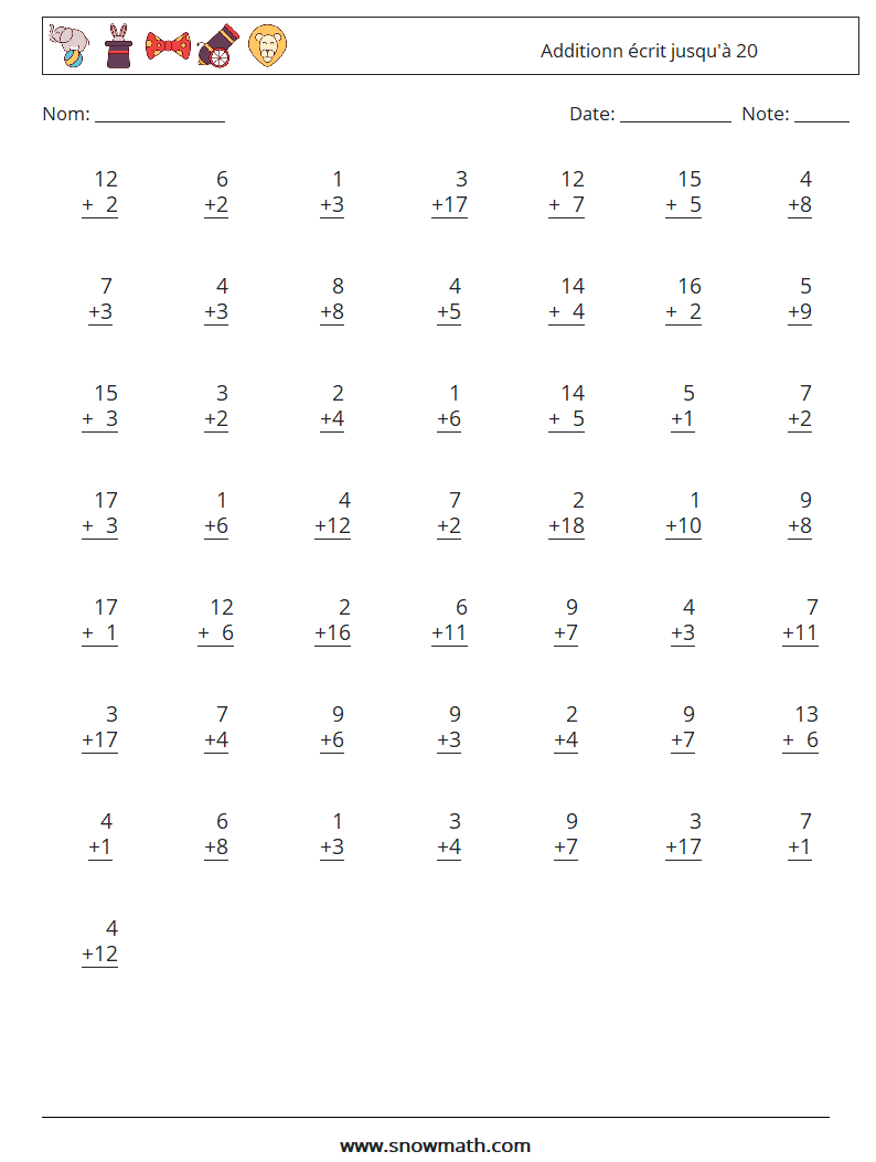 (50) Additionn écrit jusqu'à 20 Fiches d'Exercices de Mathématiques 9