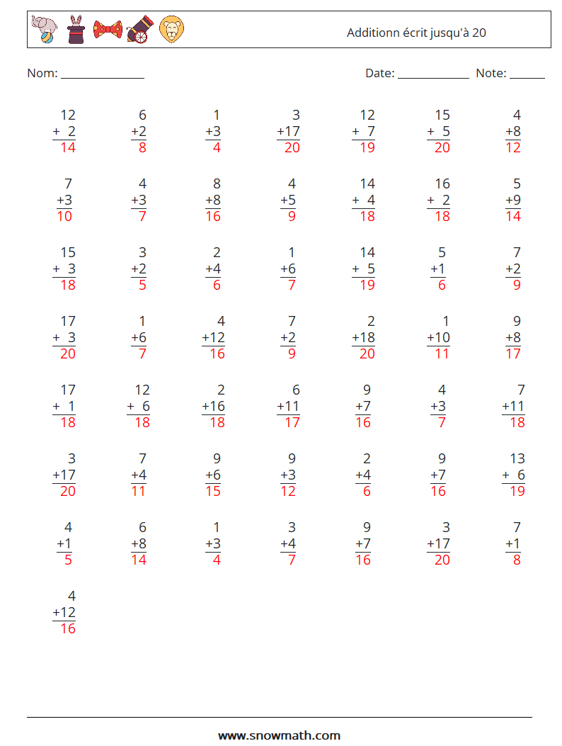 (50) Additionn écrit jusqu'à 20 Fiches d'Exercices de Mathématiques 9 Question, Réponse