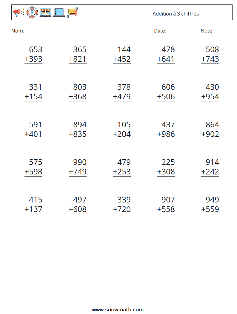 (25) Addition à 3 chiffres Fiches d'Exercices de Mathématiques 10