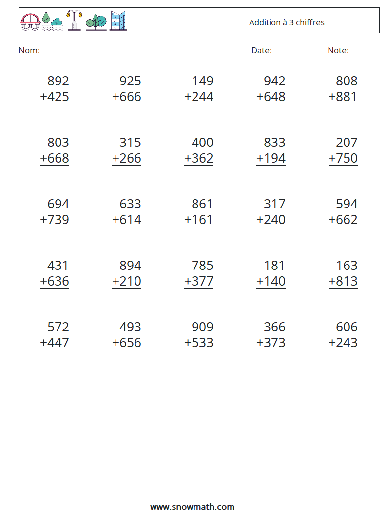 (25) Addition à 3 chiffres Fiches d'Exercices de Mathématiques 11