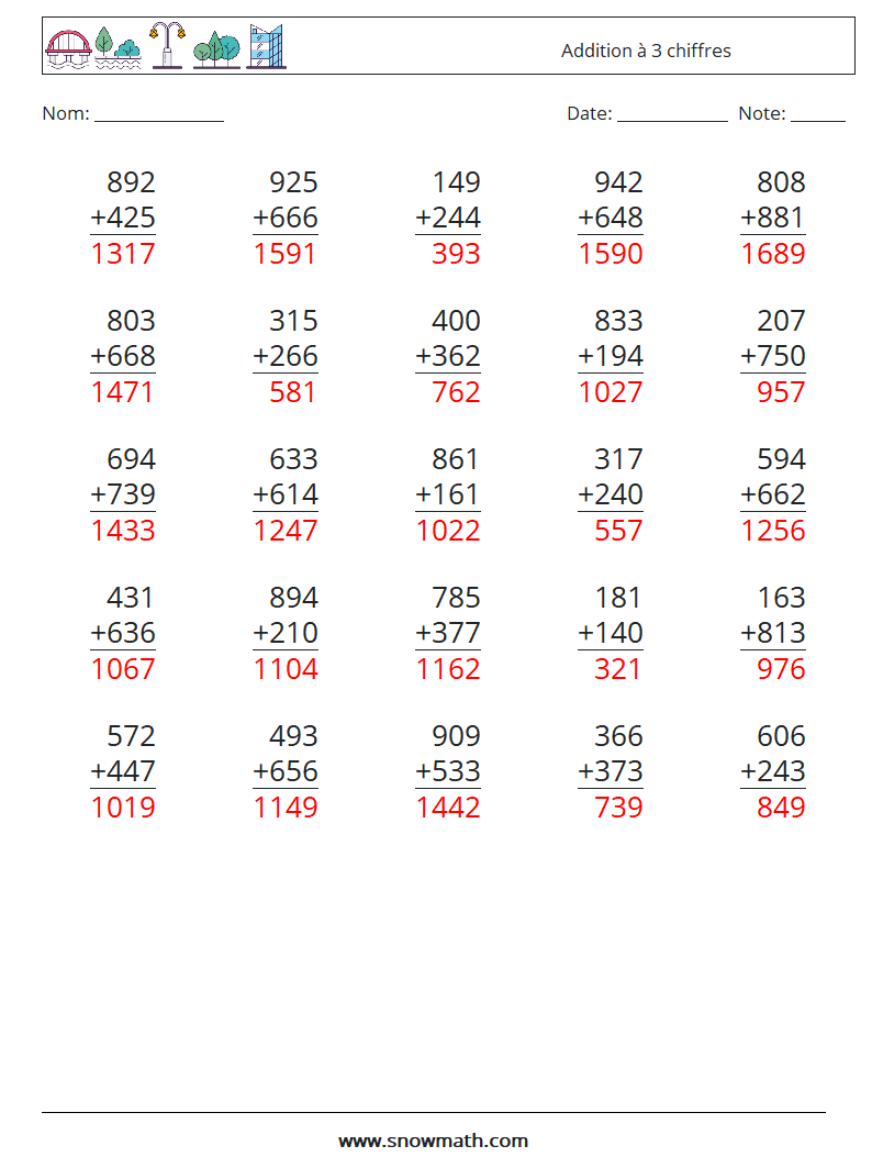(25) Addition à 3 chiffres Fiches d'Exercices de Mathématiques 11 Question, Réponse