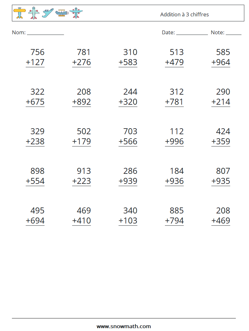 (25) Addition à 3 chiffres Fiches d'Exercices de Mathématiques 12