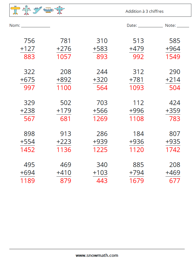 (25) Addition à 3 chiffres Fiches d'Exercices de Mathématiques 12 Question, Réponse